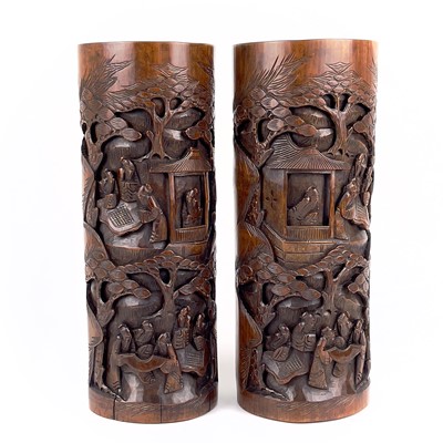 Lot 178 - A pair of Chinese bamboo cylindrical brush pots, circa 1900.