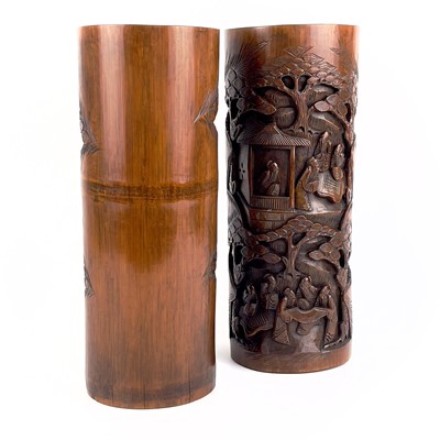 Lot 178 - A pair of Chinese bamboo cylindrical brush pots, circa 1900.