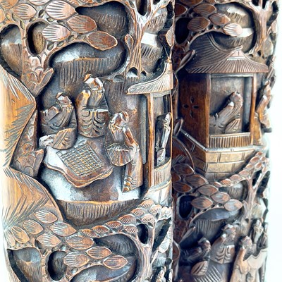 Lot 178 - A pair of Chinese bamboo cylindrical brush pots, circa 1900.