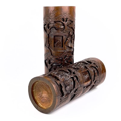 Lot 178 - A pair of Chinese bamboo cylindrical brush pots, circa 1900.