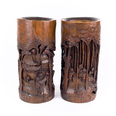 Lot 197 - A pair of Chinese bamboo cylindrical brush pots, late 19th century.