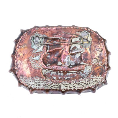 Lot 63 - A pair of copper pin dishes, circa 1900, with repousse decoration of twin masted sailing ships.