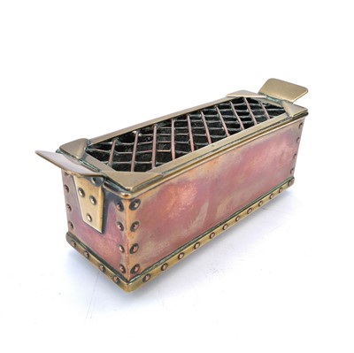 Lot 80 - An Arts and Crafts copper and brass bound flower basket with an inscribed base by N R Hartley.