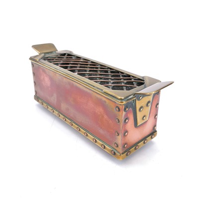 Lot 80 - An Arts and Crafts copper and brass bound flower basket with an inscribed base by N R Hartley.