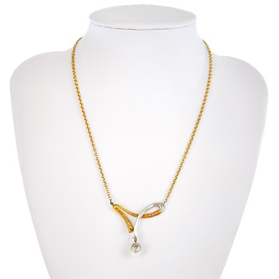 Lot 187 - A contemporary 18ct bi-colour gold pearl and diamond pendant necklace.