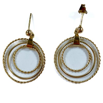 Lot 168 - A pair of 9ct hallmarked gold triple hoop stud pendant earrings.