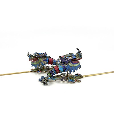 Lot 186 - A pair of Chinese silver gilt and enamel hairpins.