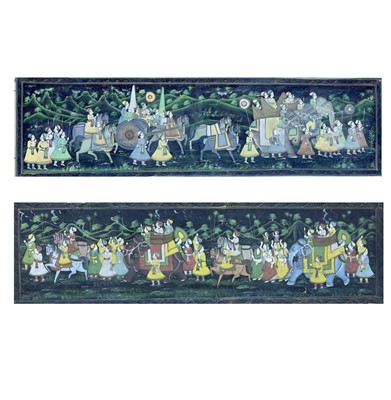 Lot 1013 - Two large Indian paintings on fabric of figures in procession, early 20th century.