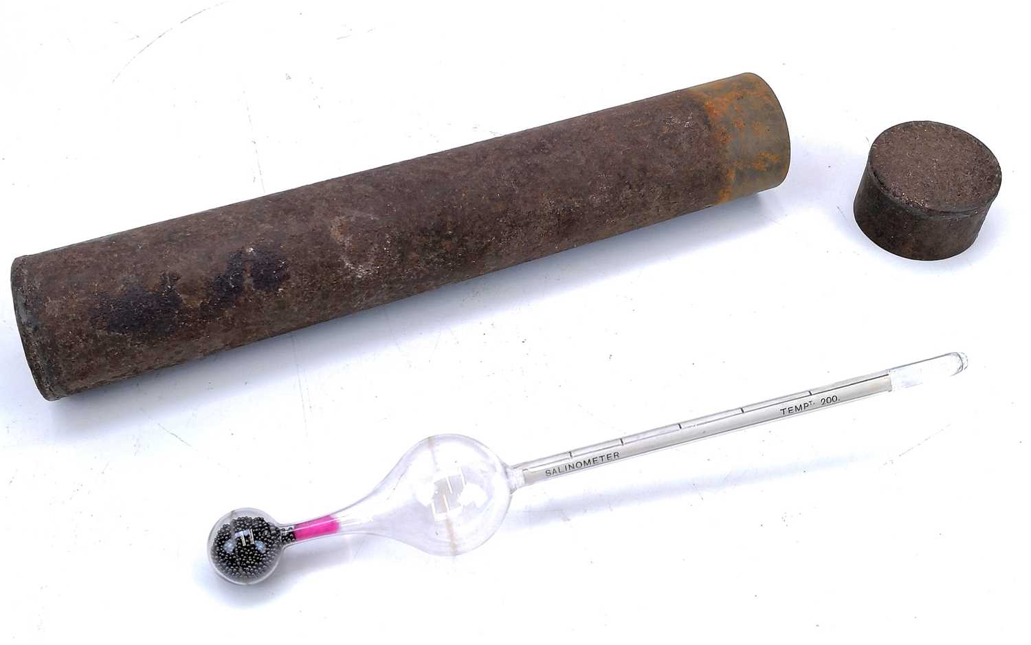 Lot 108 - A blown glass salinometer in a metal cylinder case.