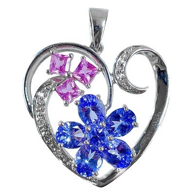 Lot 297 - A contemporary 18ct white gold tanzanite, pink sapphire and diamond set pendant.