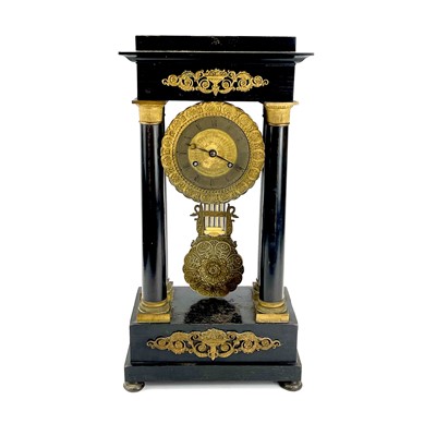 Lot 1709 - A French ebonised and ormolu portico clock.