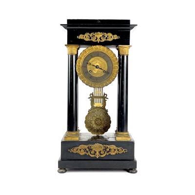 Lot 1709 - A French ebonised and ormolu portico clock.