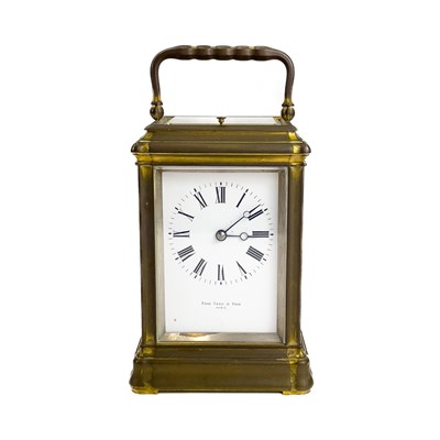 Lot 1708 - A French repeater brass cased carriage clock retailed by Page, Keen & Page, Paris.