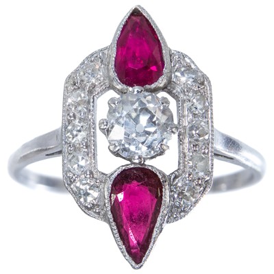 Lot 230 - An attractive Art Deco 18ct platinum and diamond and ruby ring.