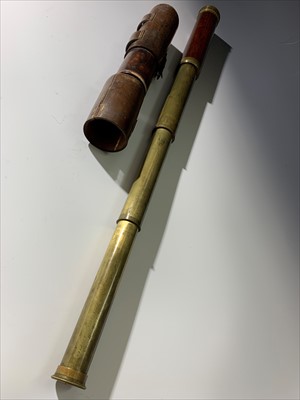 Lot 204 - A brass and wooden three draw telescope, circa...