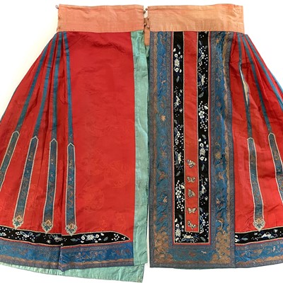 Lot 54 - A Chinese silk and metal thread embroidered skirt, 19th century.
