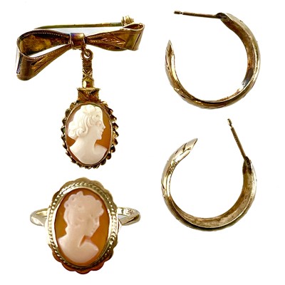 Lot 292 - A 9ct gold shell cameo ring, 9ct cameo pendant brooch and pair of 9ct hoop earrings.