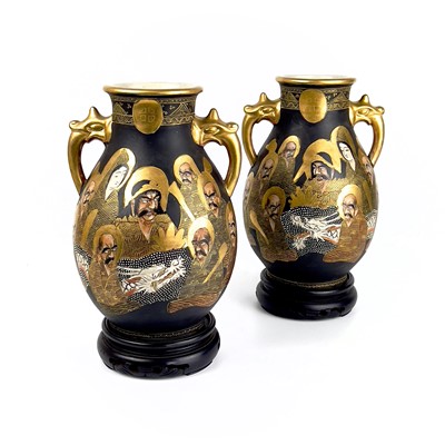 Lot 82 - A pair of Japanese Satsuma porcelain vases, circa 1900, signed.