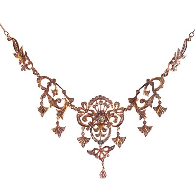 Lot 86 - A 19th century Persian high purity rose gold (tests 14ct) diamond set fringe necklace.