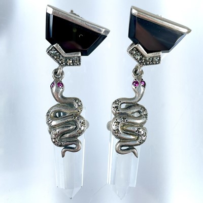 Lot 272 - A pair of Art Deco style silver onyx and crystal snake pendant earrings.