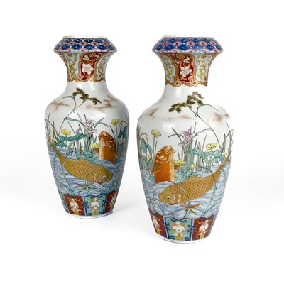 Lot 62 - A pair of Chinese Imari porcelain baluster vases, 19th century.
