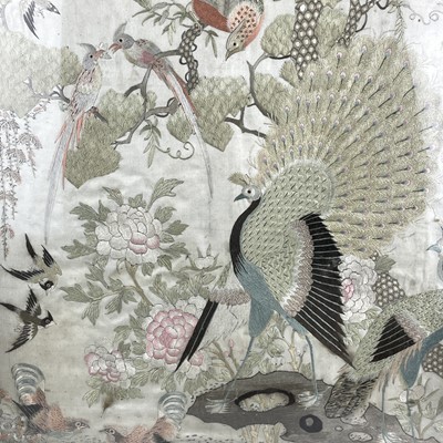 Lot 236 - A Chinese hardwood framed silk embroidered table screen, 19th century.