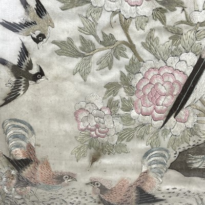 Lot 236 - A Chinese hardwood framed silk embroidered table screen, 19th century.