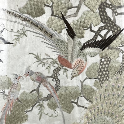 Lot 236 - A Chinese hardwood framed silk embroidered table screen, 19th century.
