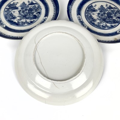 Lot 95 - Two Chinese export porcelain shallow dishes and three matching plates, Qianlong.