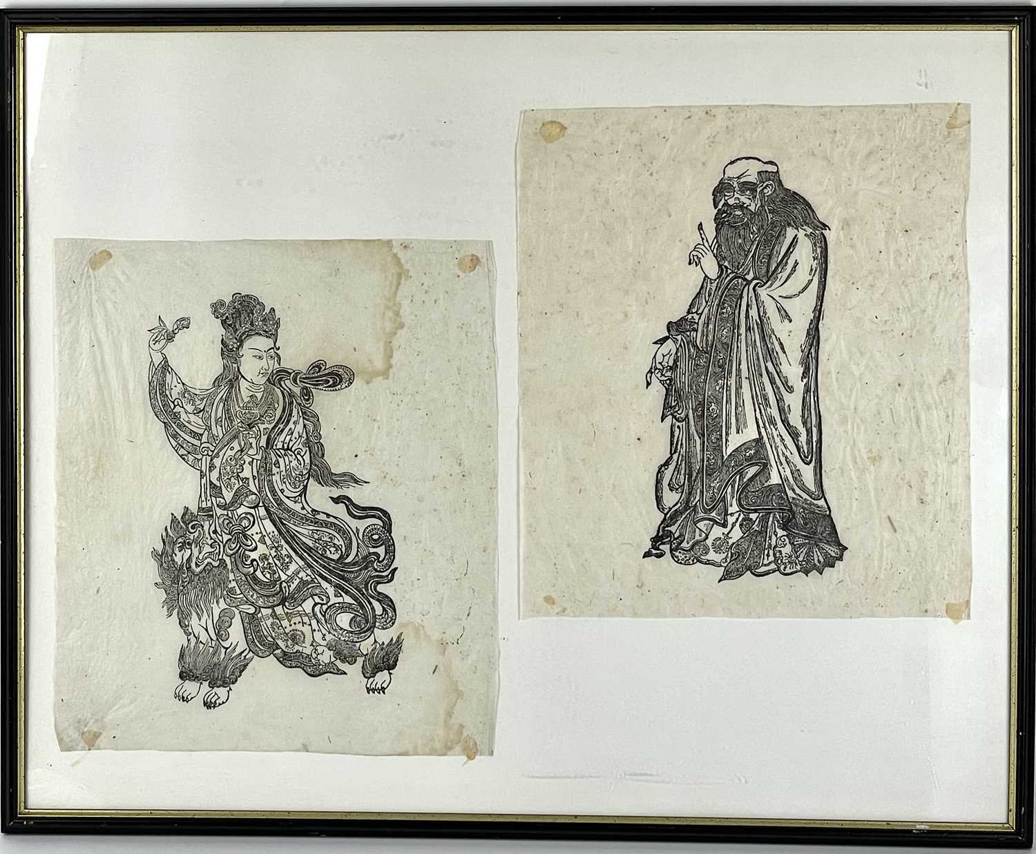 Lot 452 - Two Chinese black and white woodcut prints.