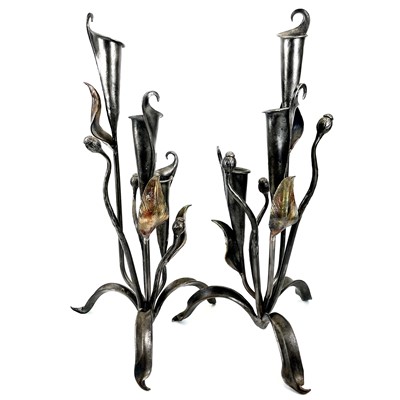 Lot 303 - A pair of metalwork triple Lilly candleholders possibly by Roy Thedvall.