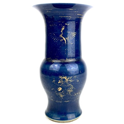 Lot 276 - A Chinese blue and gilt dragon decorated porcelain yen yen vase, Kangxi period.