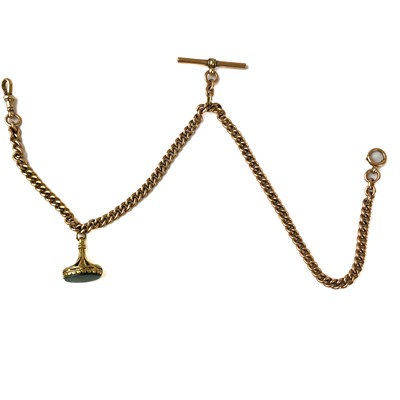 Lot 302 - A 9ct rose gold Albert watch chain with 9ct blood stone seal fob.