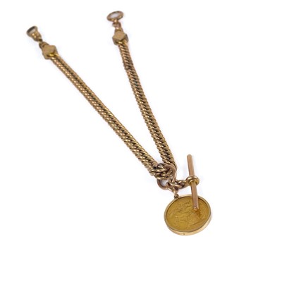 Lot 265 - A 9ct rose gold and gold plated Albert watch chain with an 1871 sovereign 9ct mounted fob.