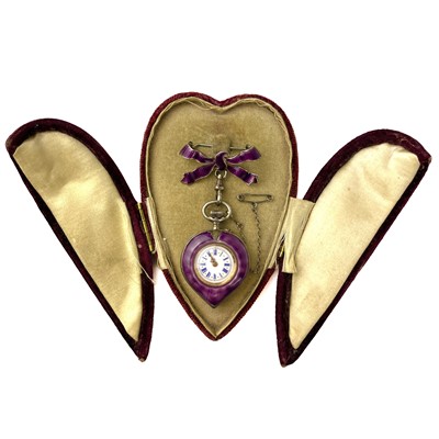 Lot 467 - An attractive 19th century 800 silver and purple guilloche enamel heart shaped crown wind fob watch.