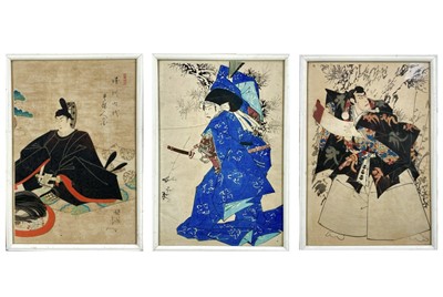 Lot 190 - Three Japanese woodblock prints of Samurai warriors, circa 1900.