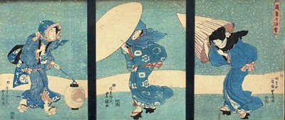 Lot 364 - A Japanese triptych print on fabric depicting geisha, circa 1900.