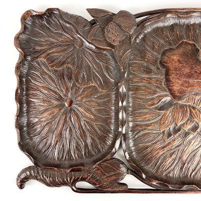 Lot 366 - A Japanese hardwood leaf carved tray, Meiji period.