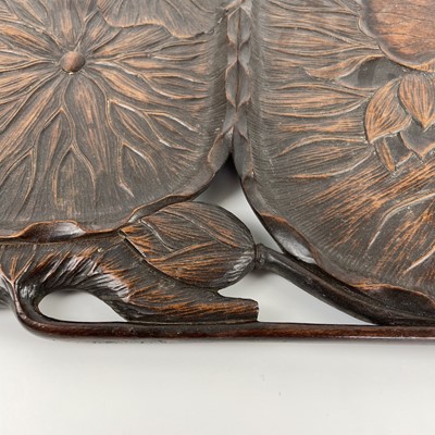 Lot 366 - A Japanese hardwood leaf carved tray, Meiji period.