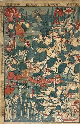 Lot 374 - A Japanese woodblock print depicting frogs, Meiji period.