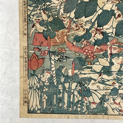 Lot 374 - A Japanese woodblock print depicting frogs, Meiji period.