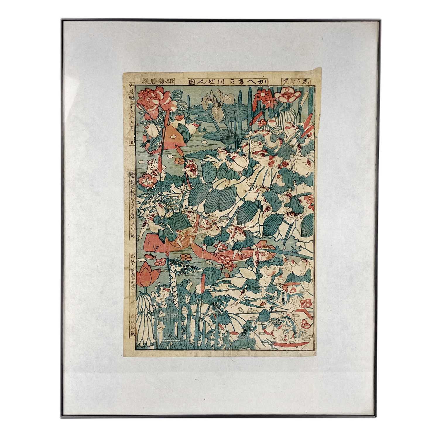 Lot 374 - A Japanese woodblock print depicting frogs, Meiji period.