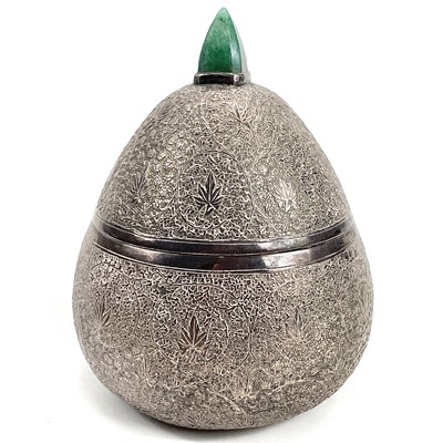 Lot 1052 - A Kashmir silver gourd shaped cannister and cover with hardstone finial.