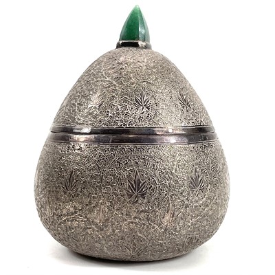 Lot 1052 - A Kashmir silver gourd shaped cannister and cover with hardstone finial.