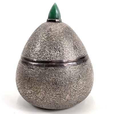 Lot 1052 - A Kashmir silver gourd shaped cannister and cover with hardstone finial.