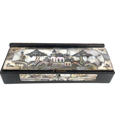 Lot 392 - A Chinese mother of pearl decorated wooden work box, late 19th century.