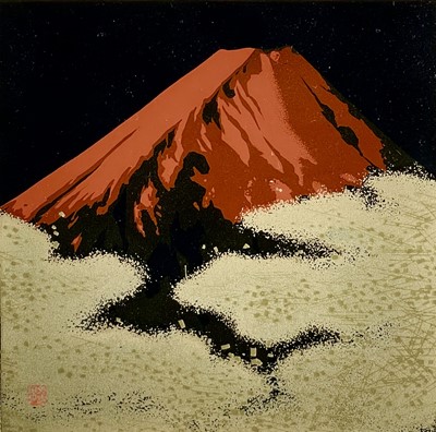 Lot 406 - A Japanese lacquer panel of Mt Fuji.