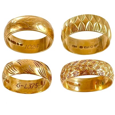 Lot 104 - Four 9ct hallmarked gold band rings.