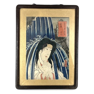 Lot 195 - Toyokuni III Utagawa, Hakone, 'Young Lady Hatsuhana in Waterfall'.