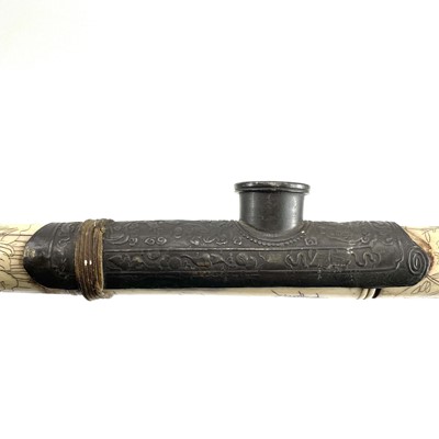Lot 202 - A Chinese bone opium pipe decorated with scholars.
